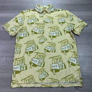 Sosik Golf Shirt Mens Medium Yellow Green Golf Cart Print Polo Short Sleeve Fun